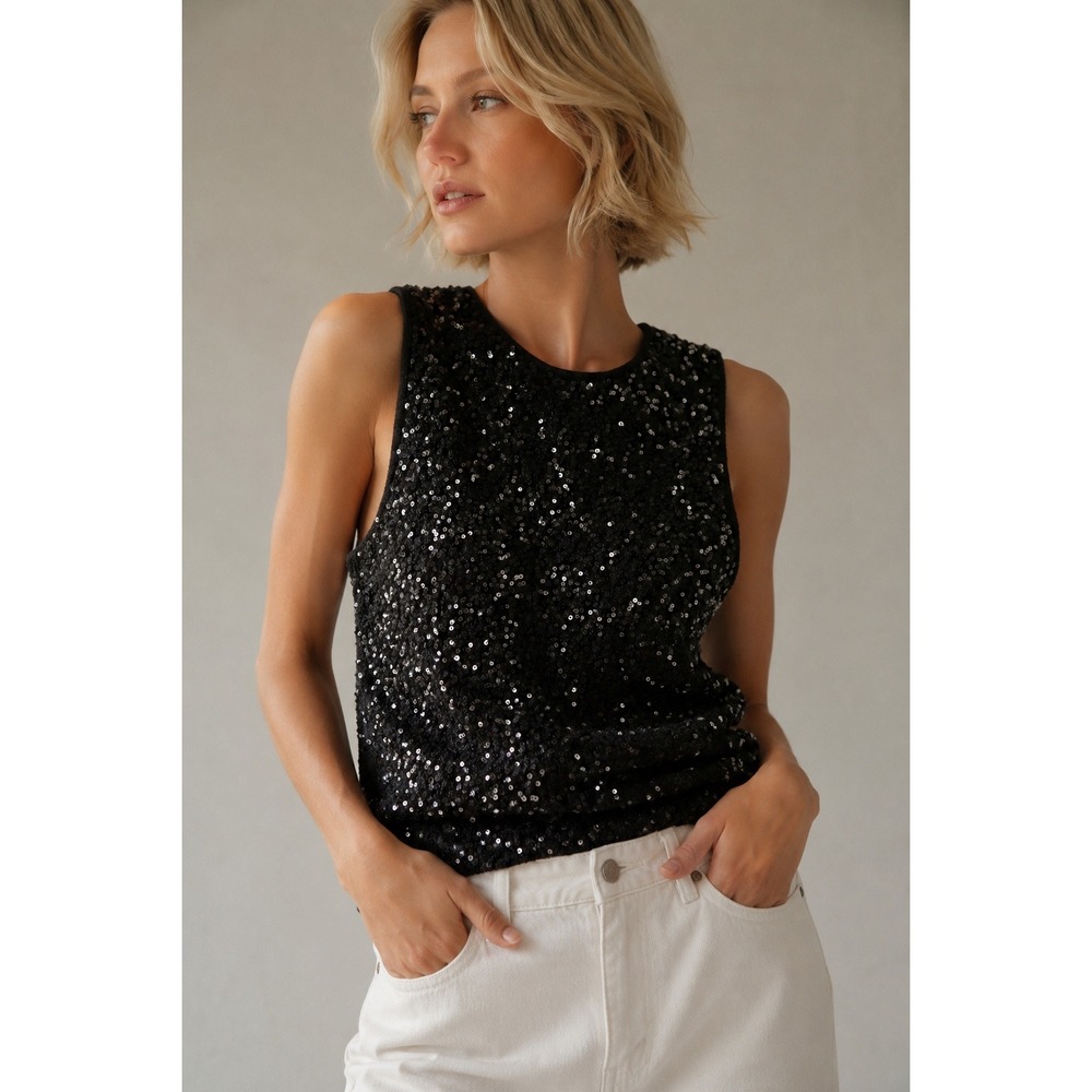 Linda Allard Ellen Tracy Black Sequin Merino Wool‎ Sleeveless Shell Top Medium